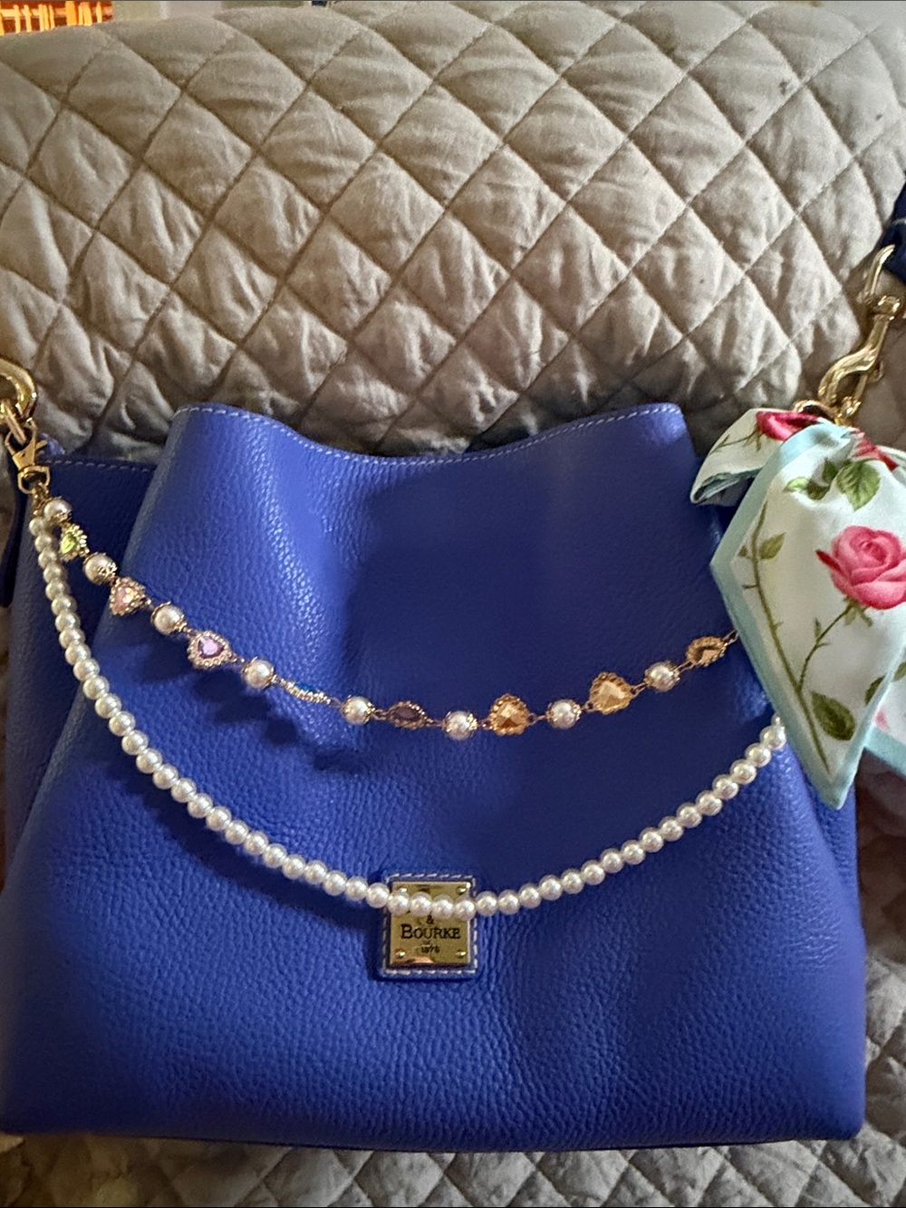 Dooney & Bourke Royal Blue Pebble Leather Shoulder Bag with Pearl Accent
